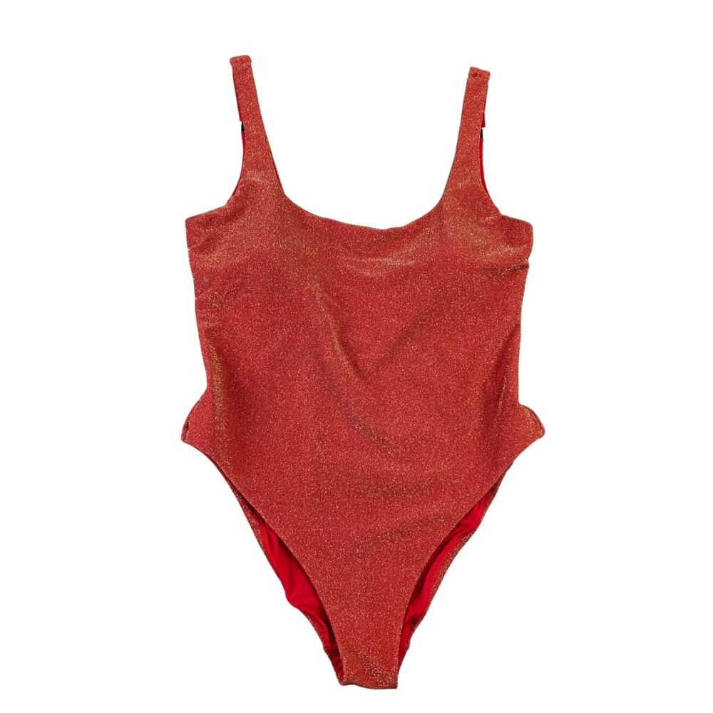 Aerie Orange Gold Sparkle Metallic Cheekiest One Piece Swimsuit XL UPF 50 Beach